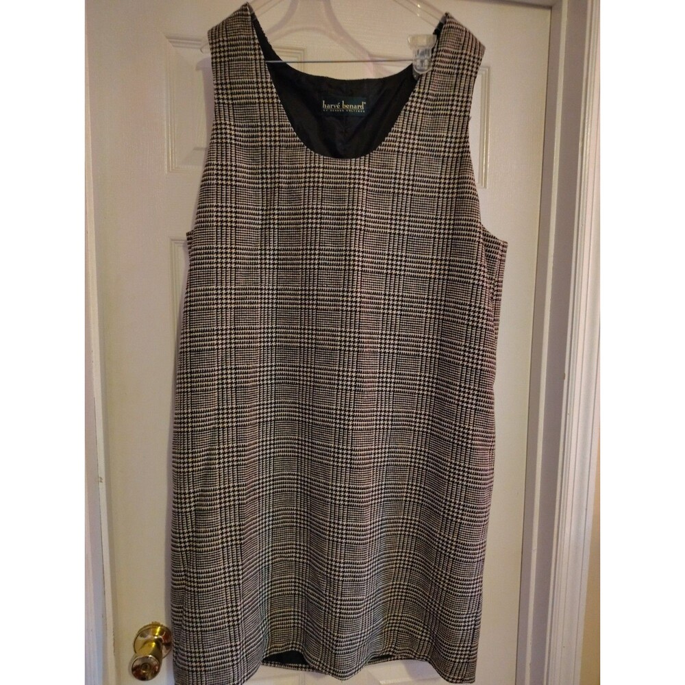harvé benard Women's 14 Black White Plaid Scoop Neck Shift Knee Sleeveless